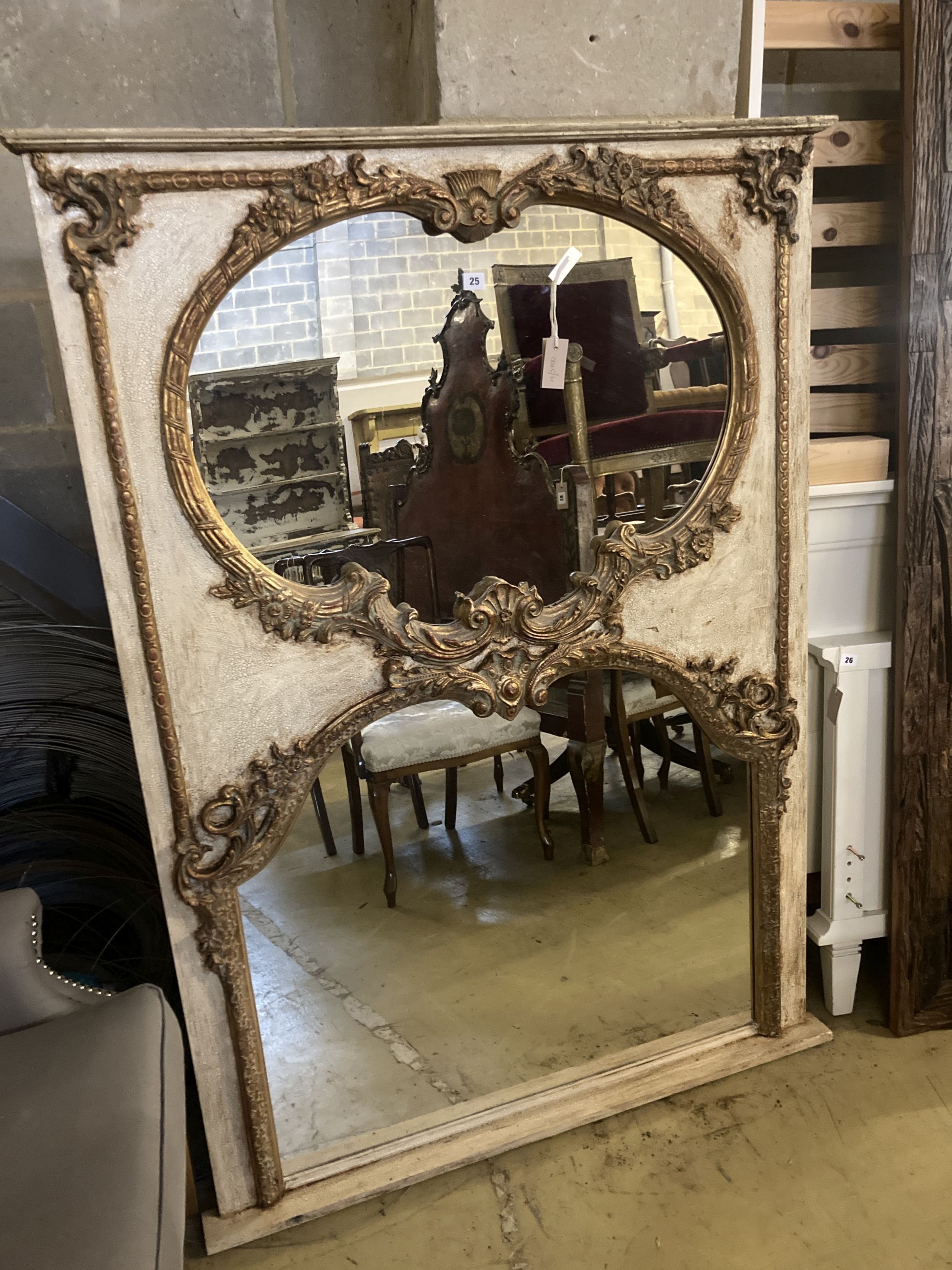 A painted wood and gesso twin plate overmantel mirror, width 114cm height 159cm